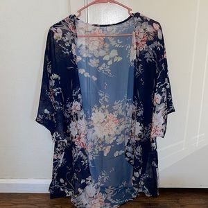 Women's Floral Print Puff Sleeve Kimono Cardigan Loose Cover Up